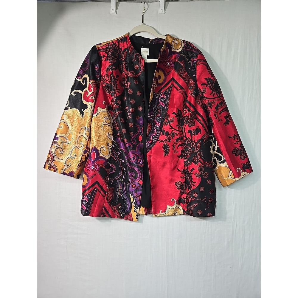 Chico's Satin Open Front Blazer Red Purple Gold Women Size 2 (L) Chinese Pockets